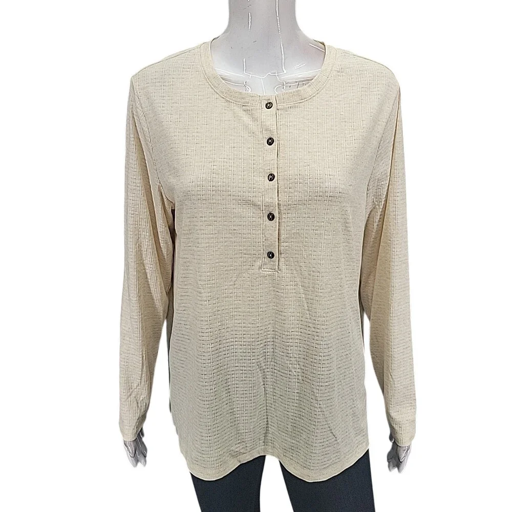 G.H. Bass & Co. Women's Textured Henley Top X-Large Sz Tan Long Sleeves T-Shirt